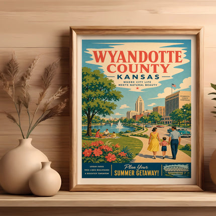 Wyandotte County Kansas vintage travel poster showing a family walking in a park with city buildings.