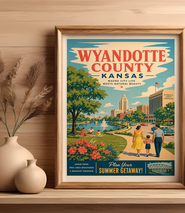 Wyandotte County Kansas vintage travel poster showing a family walking in a park with city buildings.