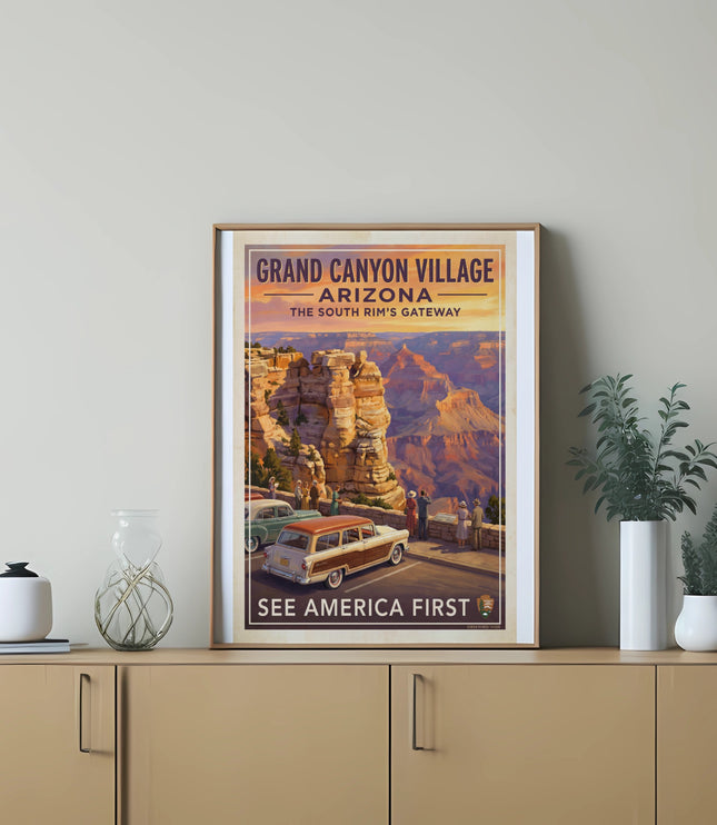 Grand Canyon Village Arizona poster with vintage cars and scenic overlook.