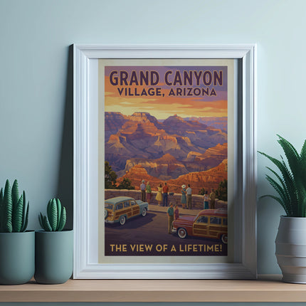 Grand Canyon Village, Arizona with people and vintage cars overlooking the canyon.