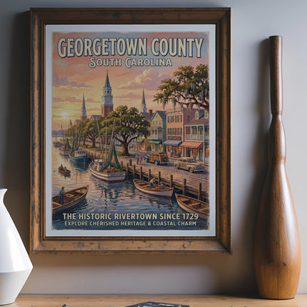 Georgetown County, South Carolina poster with waterfront scene and historic buildings.