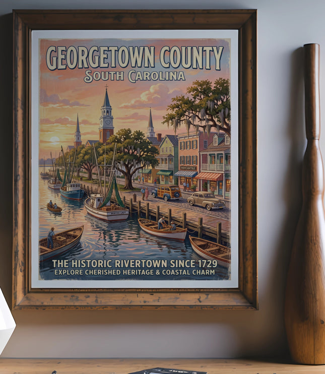 Georgetown County, South Carolina poster with waterfront scene and historic buildings.