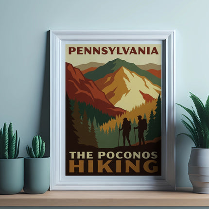 Framed poster for Pennsylvania hiking in the Poconos with mountains and hikers.