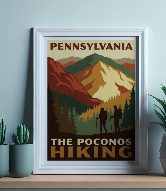 Framed poster for Pennsylvania hiking in the Poconos with mountains and hikers.