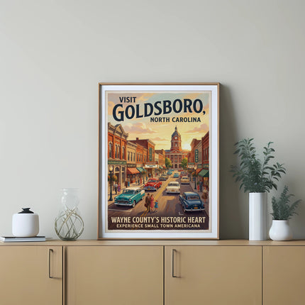 Vintage poster depicting Goldsboro, North Carolina's main street with vintage cars.