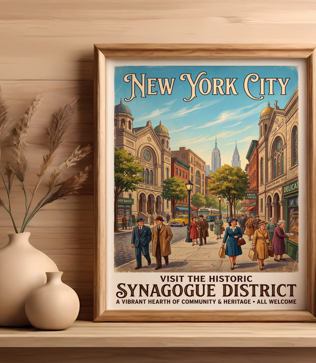 Vintage New York City poster featuring the Synagogue District with people strolling.