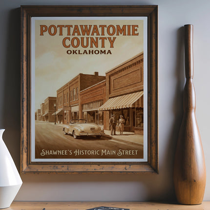 Pottawatomie County Oklahoma poster with Shawnee's Historic Main Street scene.