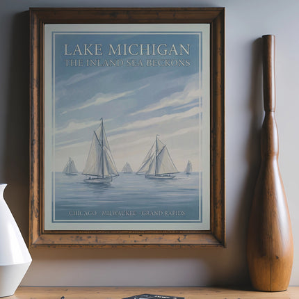 Vintage poster showing sailboats on Lake Michigan with text.
