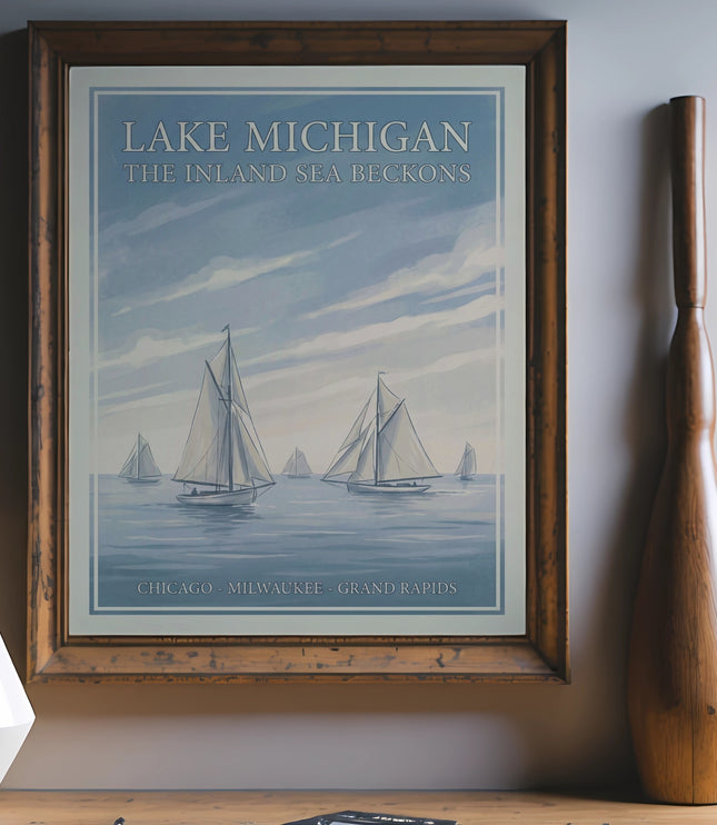 Vintage poster showing sailboats on Lake Michigan with text.
