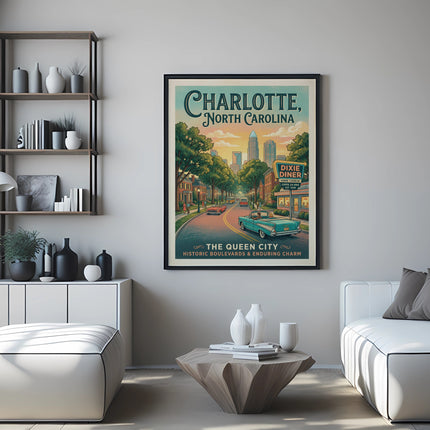 Poster of Charlotte, North Carolina, featuring a vintage scene with cars and buildings.