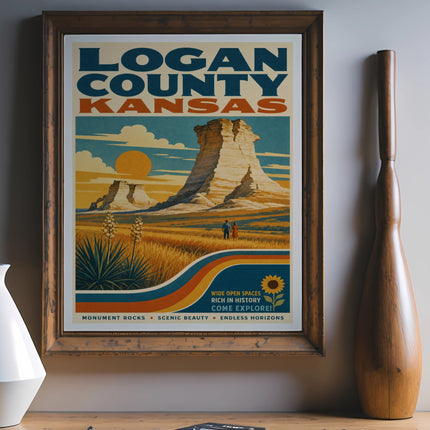 Poster for Logan County, Kansas, featuring Monument Rocks and scenic landscape.