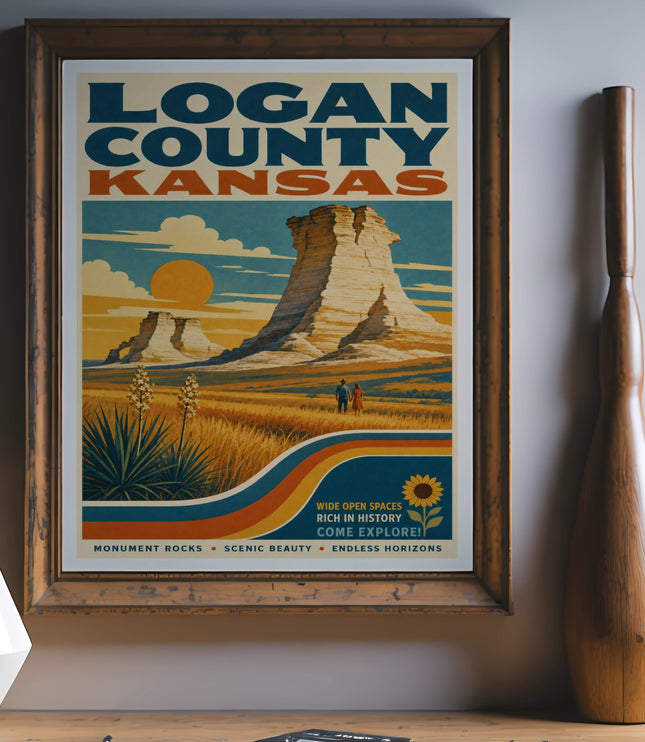 Poster for Logan County, Kansas, featuring Monument Rocks and scenic landscape.