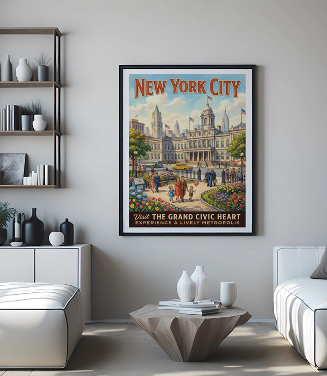 Framed New York City travel poster featuring City Hall and text "Visit The Grand Civic Heart".