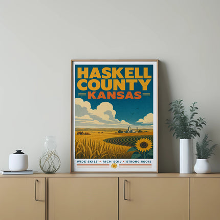 Haskell County Kansas poster with wheat fields and sunflower.