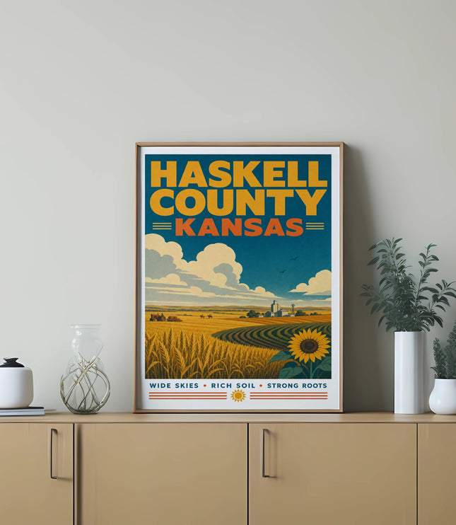 Haskell County Kansas poster with wheat fields and sunflower.