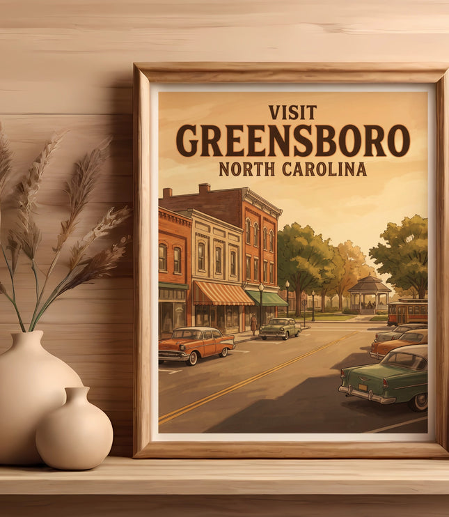 Framed illustration of Greensboro, North Carolina with vintage cars and buildings.