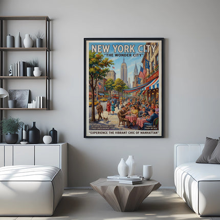 New York City poster with "The Wonder City" title above a street scene.