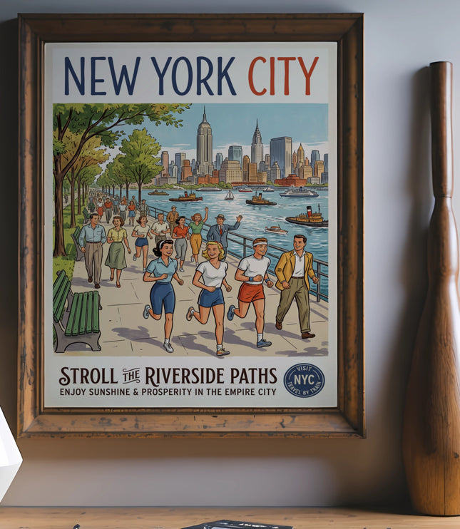 New York City poster with people strolling by the river and skyline.