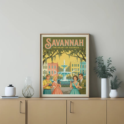 Savannah Georgia poster with people in vintage clothing in front of a fountain.