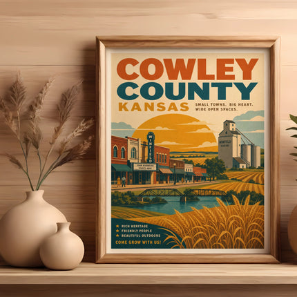 Cowley County, Kansas vintage travel poster with town and farm scene.