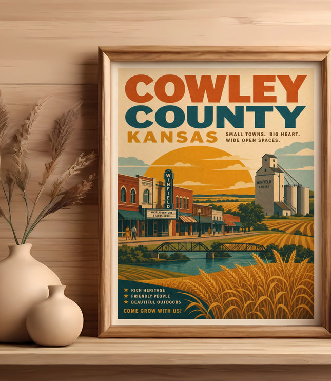 Cowley County, Kansas vintage travel poster with town and farm scene.