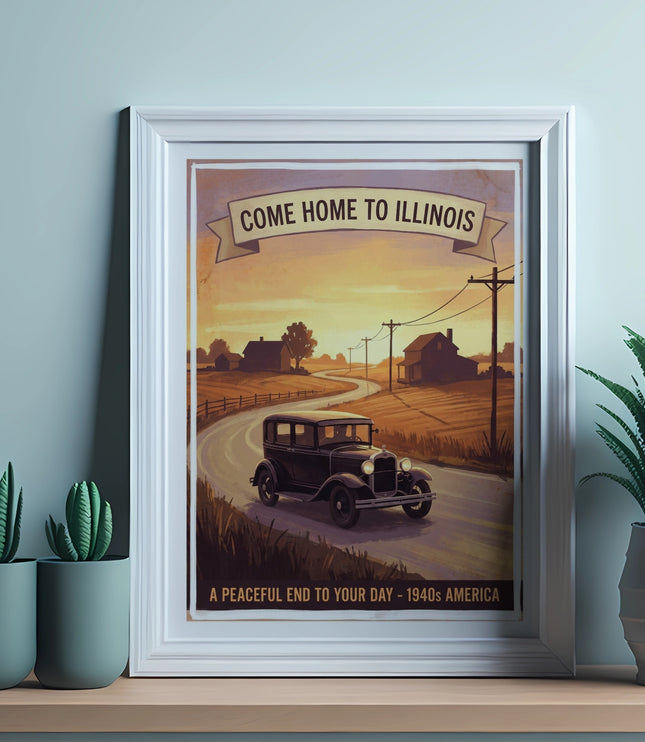 Vintage poster with car on road and "Come Home to Illinois" text.