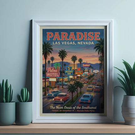 Retro travel poster for Paradise, Las Vegas, Nevada, featuring neon signs.