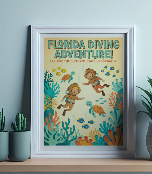 Florida Diving Adventure! poster with divers, turtles, and fish in a coral reef.