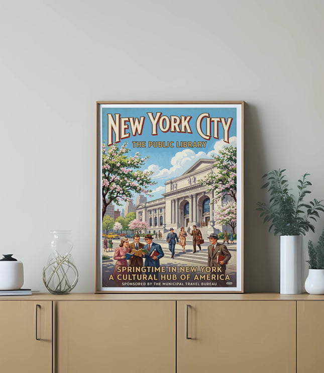 New York City Public Library springtime travel poster with people walking.