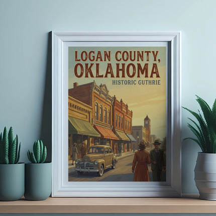 Framed art of Logan County, Oklahoma Historic Guthrie with vintage car and people.