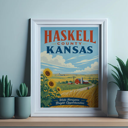 Haskell County Kansas poster with sunflowers, farm, and bright opportunities text.