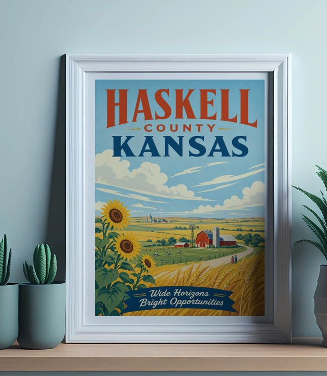Haskell County Kansas poster with sunflowers, farm, and bright opportunities text.