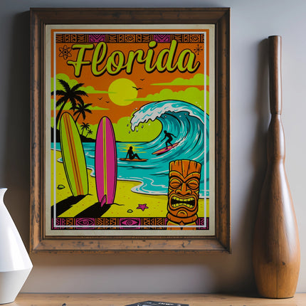 Retro Florida surf art print featuring waves, palm trees, and a tiki mask.