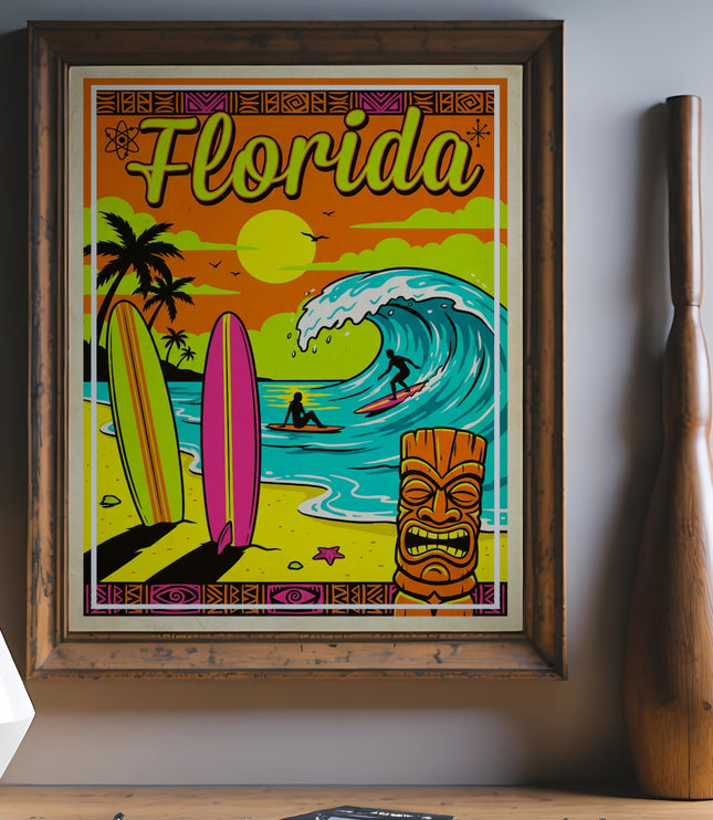 Retro Florida surf art print featuring waves, palm trees, and a tiki mask.