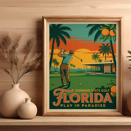 Vintage Florida golf poster with text "PLAY IN PARADISE".