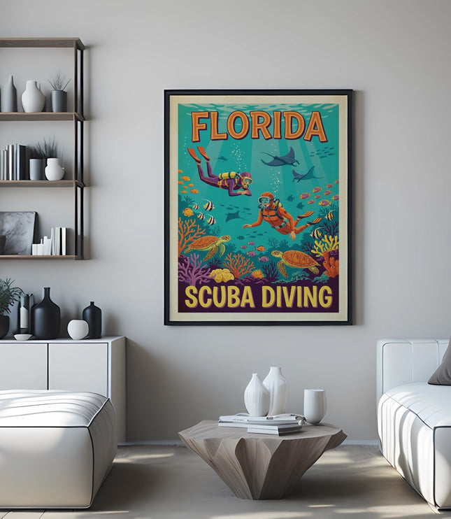 Vintage Florida Scuba Diving poster featuring divers, sea turtles, fish, and manta rays.