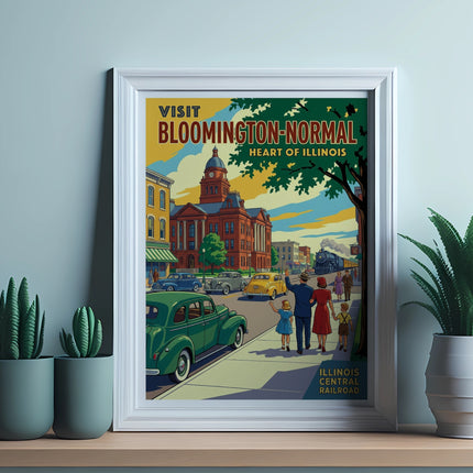 Vintage travel poster for Bloomington-Normal, Illinois, with a train and cars.