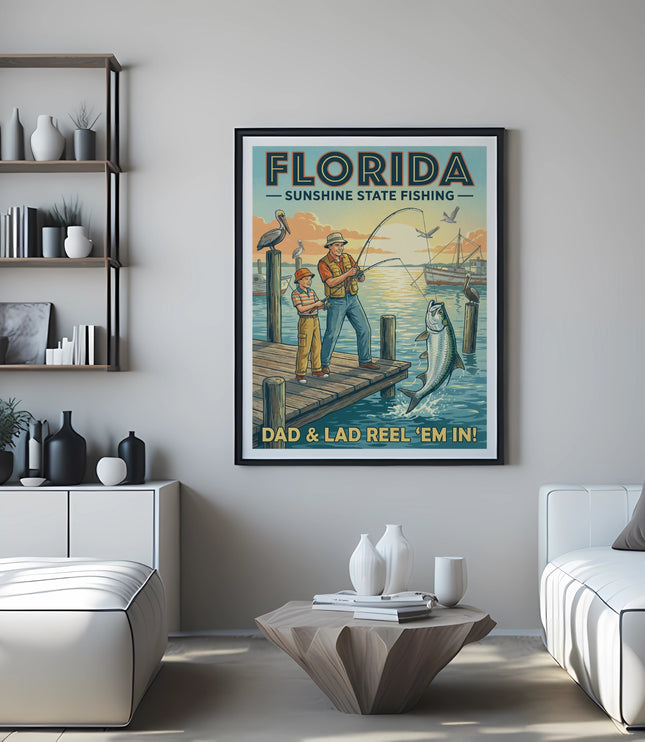 Vintage Florida fishing poster with dad and son reeling in fish.