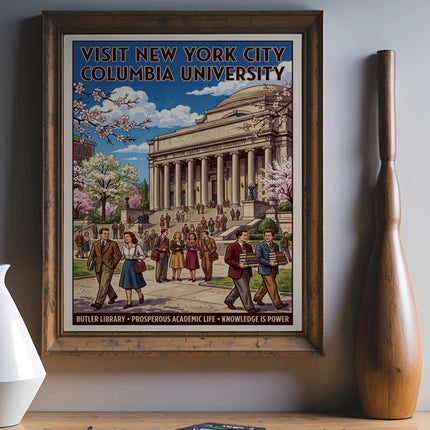 Vintage poster for Columbia University featuring Butler Library and students.