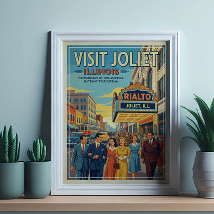 Vintage "Visit Joliet" poster with people walking past the Rialto Theater.