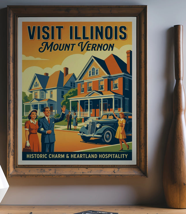 Vintage "Visit Illinois Mount Vernon" poster with people and classic car.