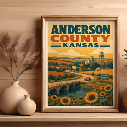 Vintage travel poster for Anderson County, Kansas, featuring sunflowers and a water tower.