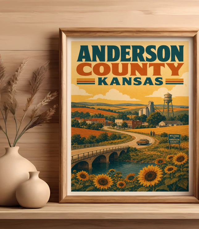 Vintage travel poster for Anderson County, Kansas, featuring sunflowers and a water tower.
