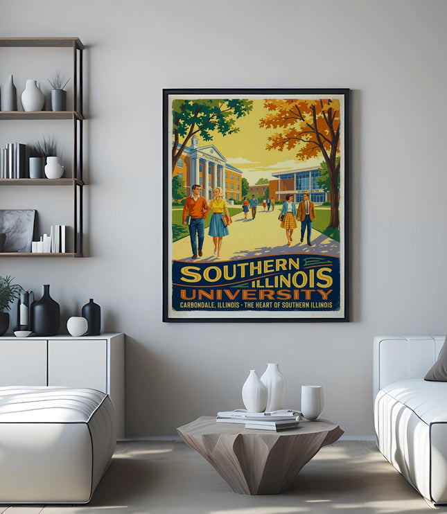Framed Southern Illinois University poster with students walking on campus.