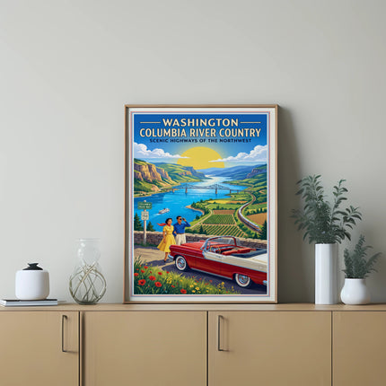 Washington Columbia River Country scenic highways vintage travel poster.