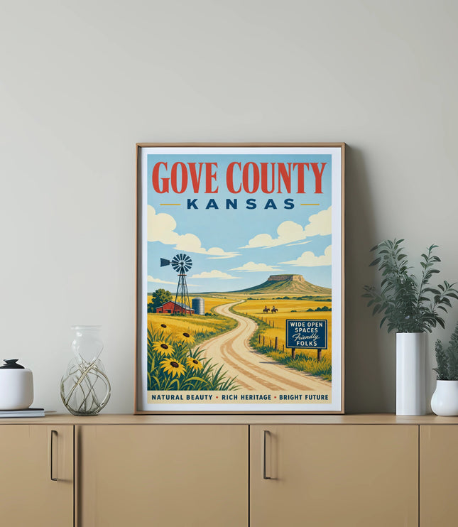 Gove County, Kansas vintage travel poster with windmill and sunflowers.