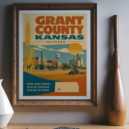 Grant County Kansas Ulysses poster with wheat, farm, and silo.
