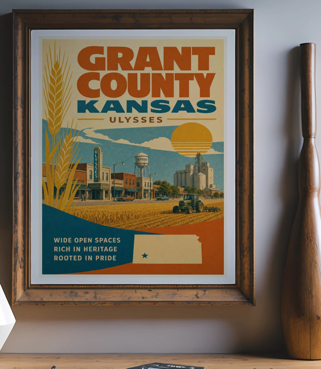 Grant County Kansas Ulysses poster with wheat, farm, and silo.