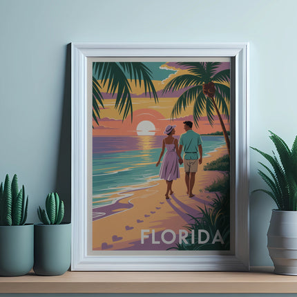 Couple walking on beach at sunset with "Florida" text.