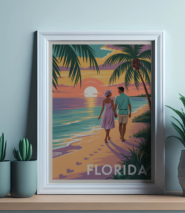Couple walking on beach at sunset with "Florida" text.